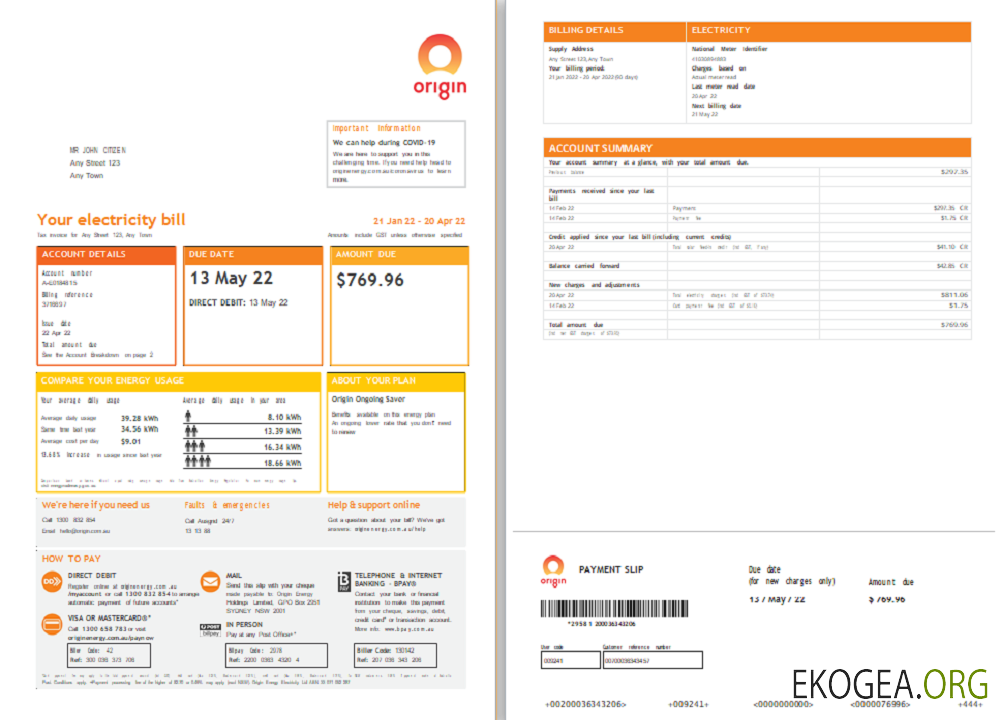 Origin utility bill template, in Word and PDF format, 4 pages